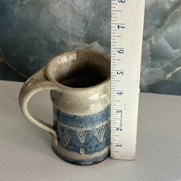 Studio Art Pottery Mug 4.5" Stoneware Blue & Tan Striped Speckled Wave - Picture 6 of 8